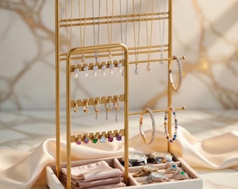 Support à bijoux en or avec plateau en velours, boucle d'oreille, bracelet, porte-collier, présentoir à bijoux