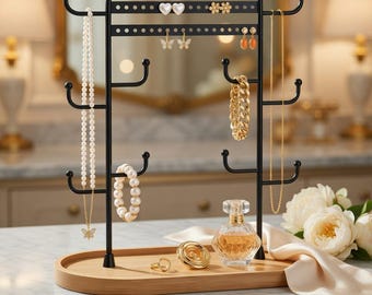 Organiseur de support à bijoux, support pour boucles d'oreilles avec collier, 30,5 cm (12 po.) et présentoir de rangement pour plateau en bois