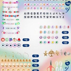 May include: A craft kit with various bracelet-making supplies. Includes letter and number beads, smiley face and heart beads, charms, earring hooks, and gold-colored star and round beads. Also features scissors and string.