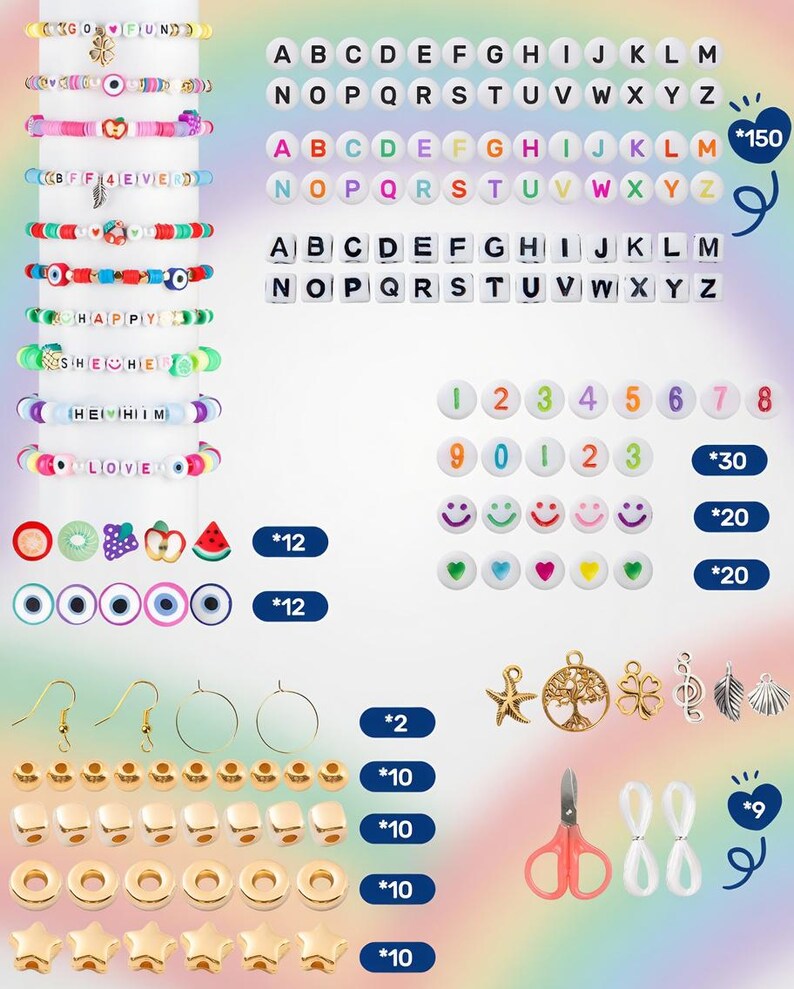 May include: A craft kit with various bracelet-making supplies. Includes letter and number beads, smiley face and heart beads, charms, earring hooks, and gold-colored star and round beads. Also features scissors and string.