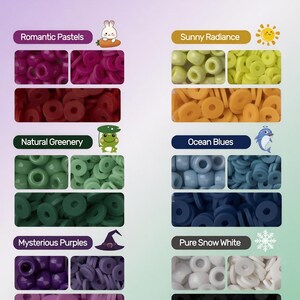 May include: An image showcasing a variety of colorful beads, organized by color theme. The text "Unleash a World of Color" is at the top. Themes include "Romantic Pastels," "Sunny Radiance," "Natural Greenery," "Ocean Blues," "Mysterious Purples," and "Pure Snow White."