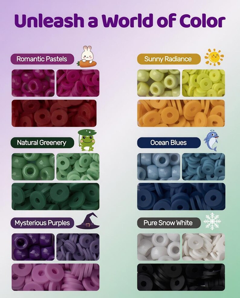 May include: An image showcasing a variety of colorful beads, organized by color theme. The text "Unleash a World of Color" is at the top. Themes include "Romantic Pastels," "Sunny Radiance," "Natural Greenery," "Ocean Blues," "Mysterious Purples," and "Pure Snow White."