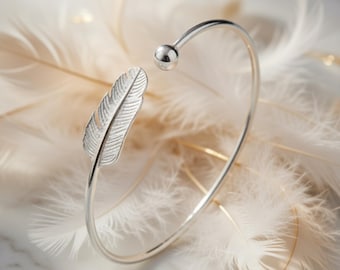 Bracelet jonc plumes en argent réglable cadeau de bijoux pour femmes filles anniversaire fête des mères