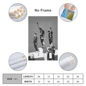 May include: Black and white image of the 1968 Olympics podium. Two athletes raise their fists in a Black Power salute. The image is labeled "No Frame" with size options in inches: 8x12, 12x18, 16x24, 20x30, and 24x36.