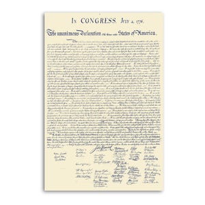 May include: A parchment-style print of the Declaration of Independence. The document features ornate calligraphy in dark blue ink, with the title "The unanimous Declaration...States of America" at the top, and numerous signatures at the bottom.