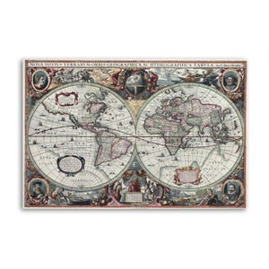 May include: A vintage world map print with the title "Nova Totius Terrarum Orbis Geographica ac Hydrographica Tabula". The map features detailed illustrations of continents, oceans, and historical figures, with a color palette of beige, red, and blue.