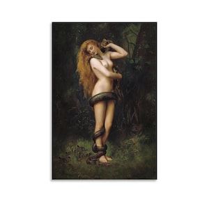 Pode incluir: Uma impressão de uma pintura clássica que retrata uma figura nua com longos cabelos ruivos, enroscada por uma cobra. A obra de arte está ambientada em uma exuberante floresta verde, com a figura em uma pose natural.