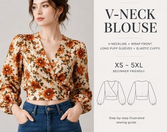 V-Neck Wrap Blouse PDF Sewing Pattern: Long Puff Sleeves & Elastic Cuffs (Sizes XS-5XL)