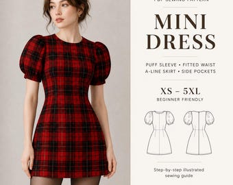 Puff Sleeve Mini Dress PDF Sewing Pattern: A-Line Skirt, Pockets (Sizes XS-5XL)