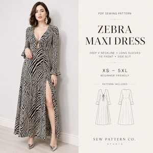 Puede incluir: Un vestido largo maxi con estampado de cebra, escote en V profundo, mangas largas, lazo y abertura lateral. El vestido se muestra en una modelo y está disponible en tallas XS a 5XL. La imagen también incluye un patrón de costura.