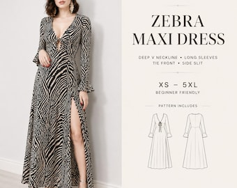 Zebra Maxi Dress PDF Sewing Pattern: Deep V-Neck & Tie-Front High-Slit Gown (Sizes XS-5XL)