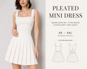 Pleated Mini Dress PDF Sewing Pattern: Square Neck A-Line Flare (Sizes XS-5XL)