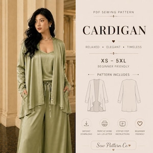 May include: A woman wearing a sage green cardigan, top, and pants set. The image includes a PDF sewing pattern for a cardigan, with the text "CARDIGAN", "XS - 5XL", and "Beginner Friendly". The pattern includes step-by-step instructions.