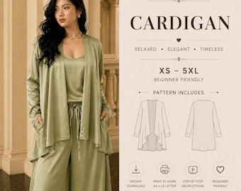 Relaxed Satin Cardigan PDF Sewing Pattern: Elegant Longline Drape Cover-Up (Sizes XS-5XL)