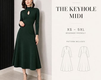 Keyhole Midi Dress PDF Sewing Pattern: Mock-Neck & Long Sleeve A-Line Gown (Sizes XS-5XL)