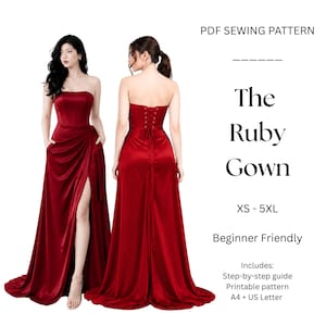 Könnte beinhalten: Ein PDF-Schnittmuster für The Ruby Gown, ein trägerloses, bodenlanges rotes Satinkleid mit Korsett-Oberteil, hohem Beinschlitz und Schnürung am Rücken. Das Schnittmuster ist in den Größen XS bis 5XL erhältlich und enthält eine Anleitung für Anfänger.