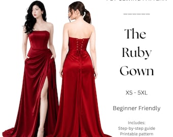 Strapless Corset Gown Sewing Pattern | Elegant Maxi Dress with Slit (PDF Download)