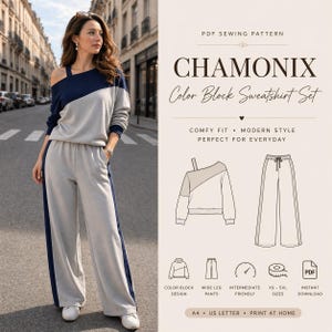 May include: A woman wearing a gray and navy blue color block sweatshirt and matching wide-leg pants. The image includes a PDF sewing pattern for a "Chamonix Color Block Sweatshirt Set" with XS-5XL sizes.