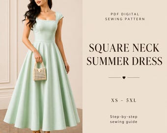 Square Neck Midi Dress Sewing Pattern | Summer Prom Dress Tutorial (PDF Download)