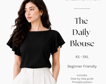 The Daily Blouse Sewing Pattern | Beginner Friendly Bateau Neck Top PDF | Elegant Flutter Sleeve Blouse | Digital Download Sizes XS-5XL