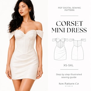 Puede incluir: Un minivestido tipo corsé blanco con hombros descubiertos, escote corazón y falda drapeada. La imagen incluye el texto: PDF DIGITAL SEWING PATTERN, CORSET MINI DRESS, XS-5XL, Step by step illustrated sewing guide, Sew Pattern Co STUDIO.