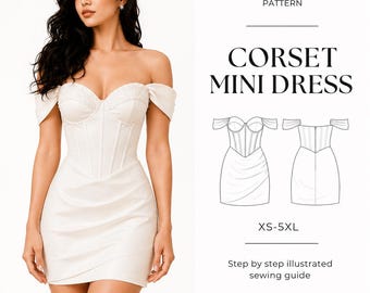Patrón de costura en PDF para minivestido tipo corsé: Vestido ajustado con hombros descubiertos (Tallas XS-5XL)