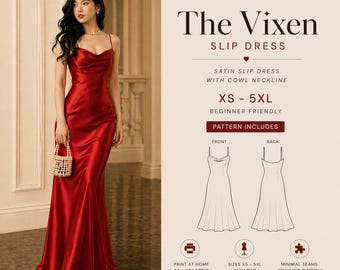 Slip Dress PDF Sewing Pattern: Floor-Length Satin Gown with Cowl Neckline (Sizes XS-5XL)