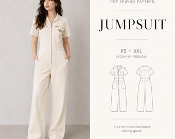 Zip-Front Utility Jumpsuit PDF Sewing Pattern: Short Sleeve Wide-Leg Coveralls (Sizes XS-5XL)