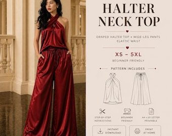 Halter Neck Top & Wide-Leg Pants Set PDF Sewing Pattern: Draped Satin Coordinates (Sizes XS-5XL)