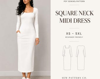 Square Neck Midi Dress PDF Sewing Pattern: Fitted Bodycon with Pockets (XS-5XL)