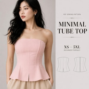 Op de afbeelding: Een lichtroze tube top met een peplum zoom. De top heeft verticale naden en een kleine split aan de voorkant. De tekst luidt "MINIMAL TUBE TOP" en "XS - 5XL".