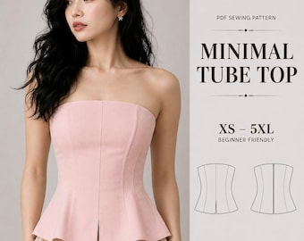 Minimal Peplum Tube Top PDF Sewing Pattern: Strapless Fitted Bodice (XS-5XL)