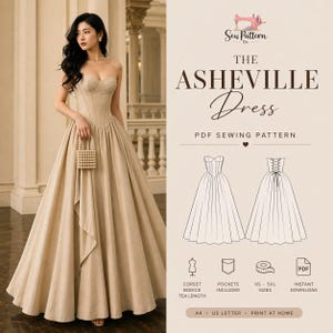 Peut inclure: Une femme porte une robe bustier beige avec un corsage et une jupe ample. L'image est pour le patron de couture PDF "The Asheville Dress", qui comprend un corsage, des poches et des tailles XS-5XL. Le patron est téléchargeable instantanément.