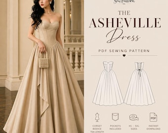 Square Neck Evening Dress Sewing Pattern – Full Length Gown PDF