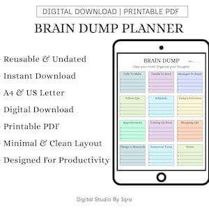Könnte beinhalten: Ein digitaler Brain Dump Planer auf einem Tablet, mit Abschnitten für Aufgaben wie Anrufe, E-Mails und Prioritäten. Der Planer ist wiederverwendbar, undatiert und als Sofort-Download in A4- und US-Letter-Größe verfügbar. Das Design ist minimalistisch und sauber.