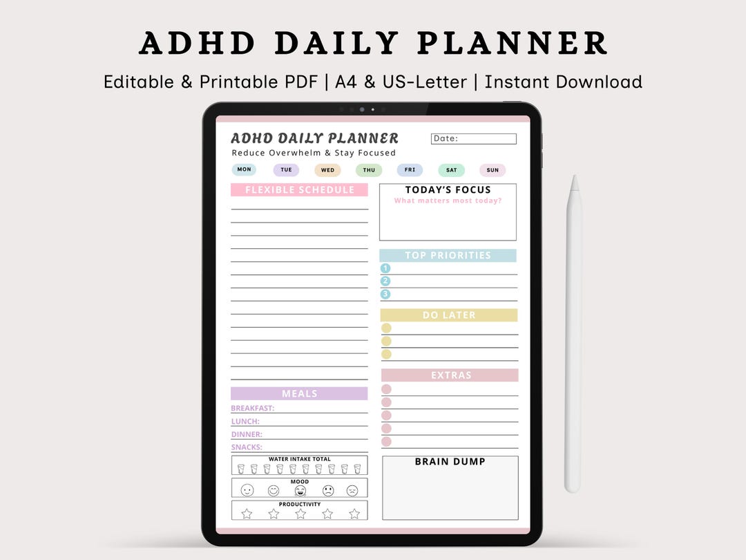 Editable ADHD Daily Planner | Printable, Digital | Focus Productivity ...
