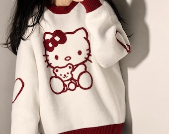 Kawaii Sanroid Anime Series Kitty Cute Pullover Sweater Jk Autunno Inverno Il nuovo maglione con lacci Piedi Pantaloni Ragazze Regalo di Natale