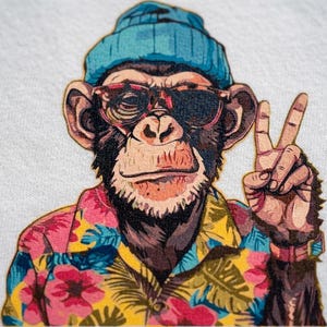 May include: A graphic of a chimpanzee wearing sunglasses, a blue beanie, and a colorful Hawaiian shirt. The chimpanzee is giving a peace sign with its right hand. The image is printed on a white background.