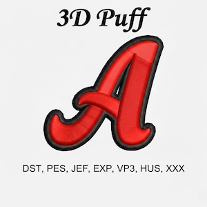 Op de afbeelding: Een rode, gezwollen letter "A" met een zwarte omtrek, tegen een witte achtergrond. De tekst "3D Puff" staat boven de letter. Daaronder de afkortingen "DST, PES, JEF, EXP, VP3, HUS, XXX".