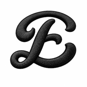 May include: A black, three-dimensional letter E rendered in a cursive, calligraphic script font. The surface of the letter features a fine, textured, leather-like grain pattern, giving it a tactile appearance against a plain white background.
