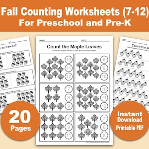 Fall Counting Worksheets 7-12 Preschool Math Activities, Pre-K Number Recognition, Autumn Printable Worksheets, More or Fewer, Fall Math PDF