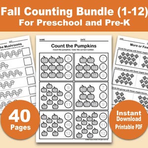 Peut inclure: Un ensemble de comptage d'automne pour la maternelle comprenant 40 pages de feuilles d'exercices PDF imprimables. Les pages incluent des activités en noir et blanc intitulées Count the Mushrooms, Count the Pumpkins et More or Fewer.