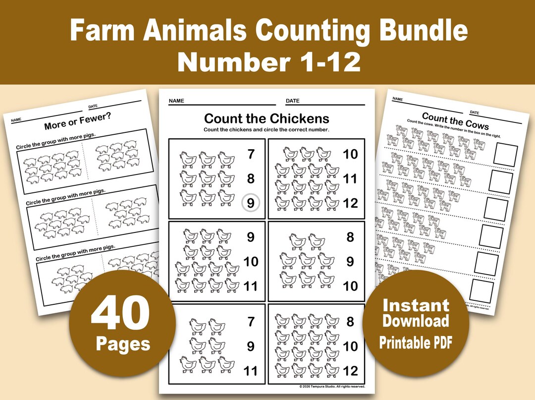 Farm Animals Counting Worksheets | Numbers 1-12 Preschool Math (PDF) - Etsy