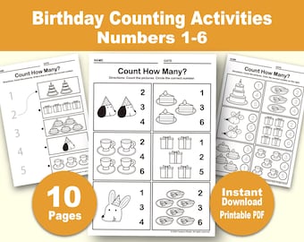 Hoja de trabajo para contar cumpleaños / Números del 1 al 6, Matemáticas preescolares (PDF imprimible, 10 páginas)