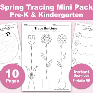 May include: A set of three printable worksheets for Pre-K and Kindergarten, featuring tracing activities. The worksheets include tracing lines, flowers, ladybugs, and eggs. The image also includes the text "Spring Tracing Mini Pack" and "10 Pages".