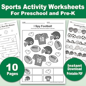 May include: Three black and white sports activity worksheets for preschool and pre-K. The pages feature a baseball maze, an I Spy football counting game, and a pattern continuation exercise. The text includes Sports Activity Worksheets, 10 Pages, and Instant Download Printable PDF.