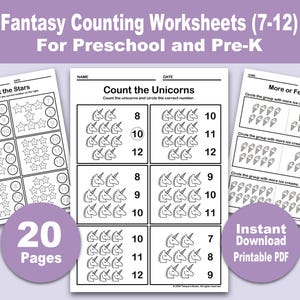 May include: Fantasy counting worksheets for preschool and pre-K. The worksheets feature counting stars, unicorns, and comparing quantities of ice cream. The image includes the text "20 Pages" and "Instant Download Printable PDF".