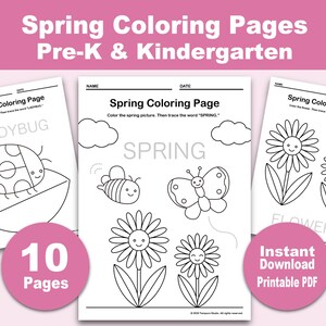 May include: Spring coloring pages for Pre-K and Kindergarten. The image shows three black and white coloring pages with spring-themed illustrations of a ladybug, bee, butterfly, and flowers. The text includes "Spring Coloring Page" and "Instant Download Printable PDF".