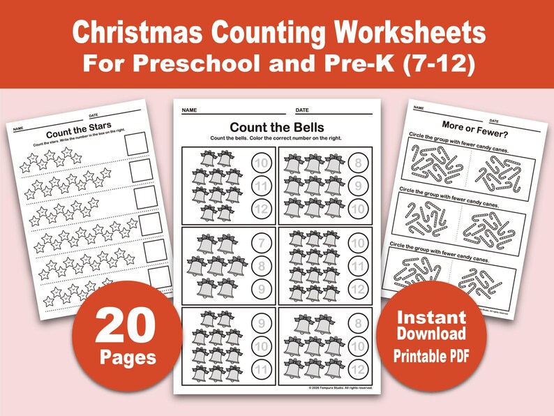 Number Recognition & Counting Worksheets 7-12 | Christmas Preschool ...