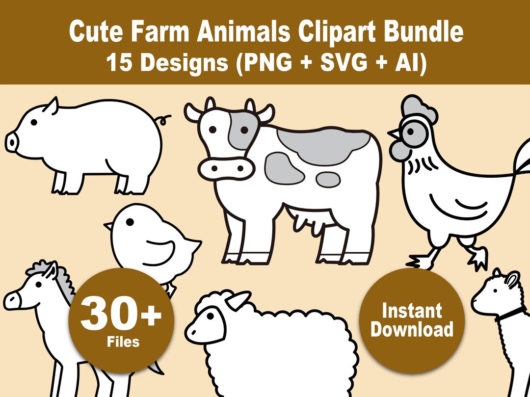 Cute Farm Animals Clipart Bundle PNG SVG AI, Black and White Farm ...